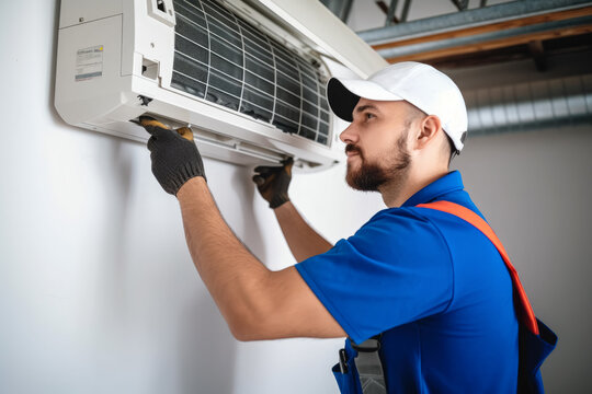 HVAC technician installing a mini split air conditioner in Los Angeles