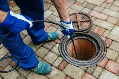 Plumber cleaning an outdoor sewer drain in Los Angeles