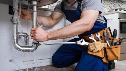 Plumber repairing pipes beneath a sink in Los Angeles